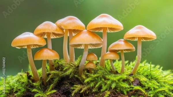 Obraz Colorful Mushrooms on Green Moss Background
