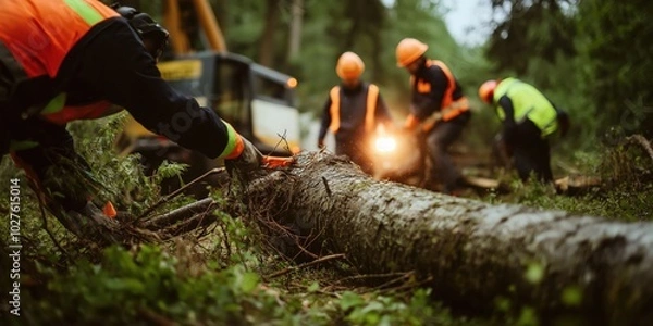 Fototapeta Forestry workers in safety gear are actively involved in clearing fallen trees from the forest floor, showcasing teamwork and dedication to environmental management.