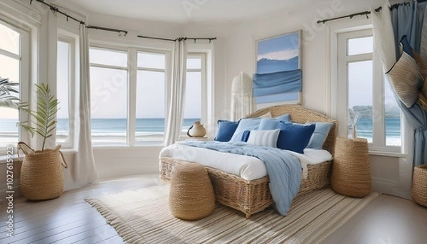 Fototapeta Minimalist bedroom by the sea featuring a serene design, light colors, and natural elements, creating a tranquil and refreshing atmosphere
