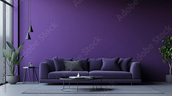 Obraz purple wall and living room, modern, simple, hyper realistic photographya