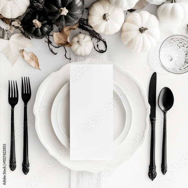 Obraz Vertical menu card mockup 4x9 on table, wedding table setting,  blank card for menu, restaurant, Autumn menu, Flat lay, top view