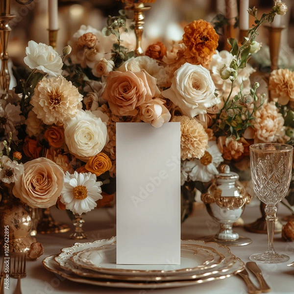 Obraz Vertical menu card mockup 4x9 on table, Wedding table setting, restaurant, Blank card mockup for menu, front view
