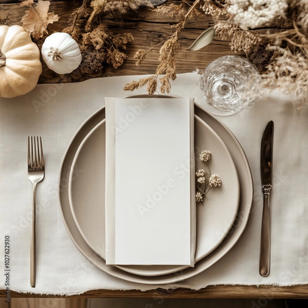 Obraz Vertical menu card mockup 4x9 on table, wedding table setting,  blank card for menu, restaurant, Autumn menu, Flat lay, top view