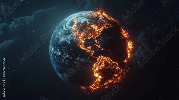 Fototapeta burning planet Earth in space, set against a bright blue backdrop. This powerful visual symbolizes climate change, environmental crisis, and the urgent need for global awareness