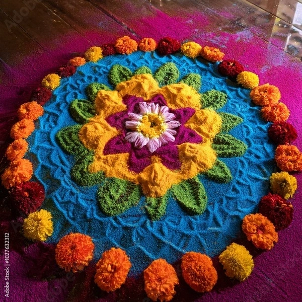 Fototapeta Rangoli Designs involve creating intricate patterns on the floor using colored powders.