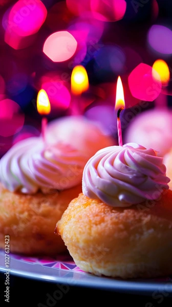 Obraz Colorful cupcakes with frosting and candles, set against a vibrant, blurred background.