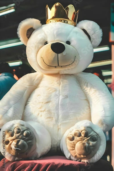 Obraz A large, plush white teddy bear wearing a golden crown, sitting in a vibrant environment.