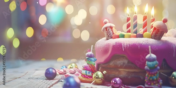 Obraz A colorful birthday cake adorned with candles and decorations, set against a festive backdrop.
