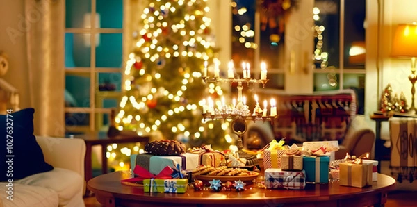 Obraz A cozy holiday scene with a decorated tree, candles, and festive treats on a table.