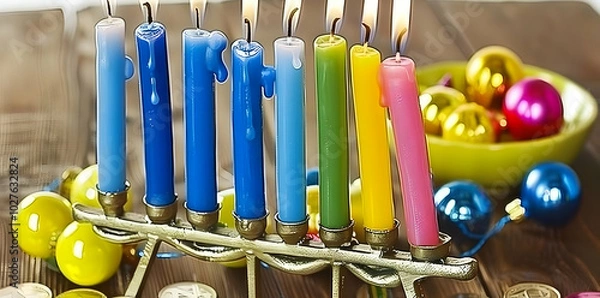Obraz A menorah with colorful candles, symbolizing a celebration, surrounded by festive decorations.