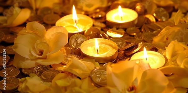 Obraz A serene arrangement of candles, flowers, and coins, creating a calming atmosphere.