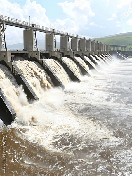 Obraz A dam with water flowing through multiple sluice gates into a river.