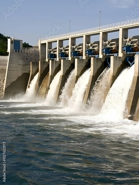 Obraz A dam releasing water into a river, showcasing hydroelectric power generation.