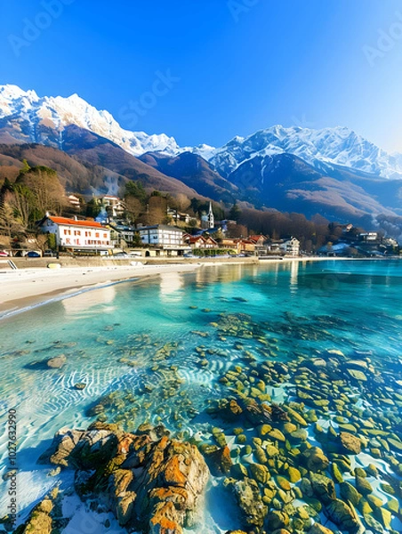 Obraz A scenic beach with clear waters, rocky formations, and mountains in the background.