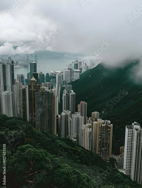 Obraz A misty view of a cityscape nestled between mountains and water.