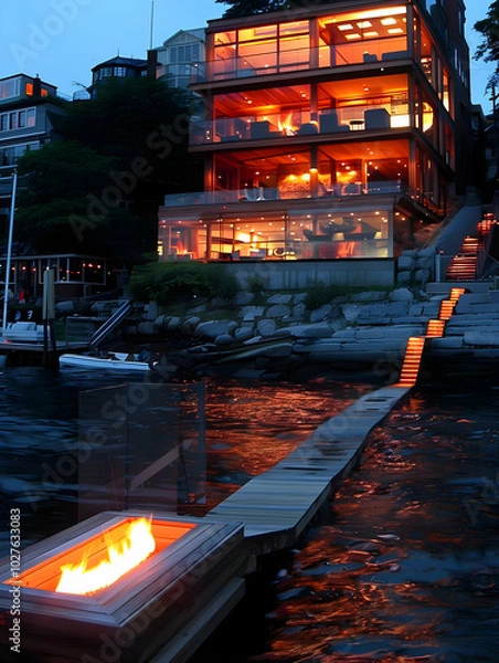 Obraz A modern lakeside building illuminated at night with a pathway leading to the water.