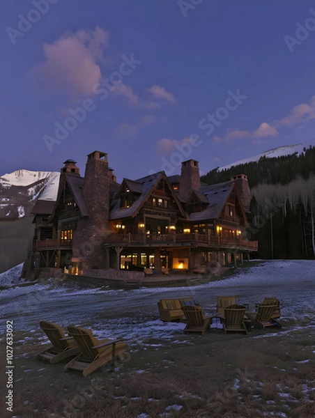 Fototapeta A rustic lodge at dusk, surrounded by snow and mountains, illuminated warmly.