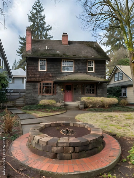 Obraz A charming two-story house with a circular fire pit in the front yard.