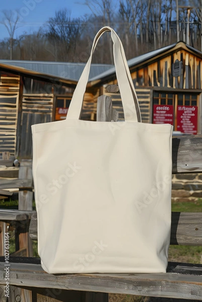 Obraz A plain white tote bag displayed outdoors against a rustic wooden backdrop.