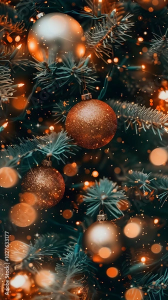 Obraz A close-up of a festive Christmas tree adorned with shimmering ornaments and warm lights.