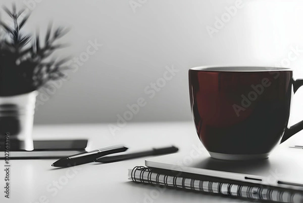 Obraz A minimalist workspace featuring a coffee cup, notebook, and plant for inspiration.