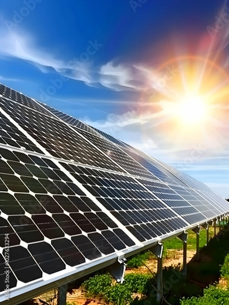 Obraz Solar panels harnessing sunlight in a clear blue sky, promoting renewable energy.