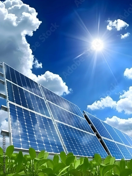 Obraz Solar panels capturing sunlight under a bright blue sky with clouds.