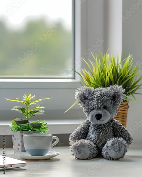 Obraz A cozy desk scene featuring a teddy bear, a plant, and a cup, creating a warm atmosphere.