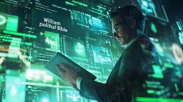 Fototapeta A businessman in a suit stands in front of a large screen displaying data and information, looking at a tablet.