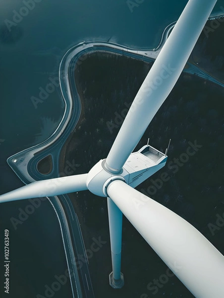 Obraz Aerial view of a wind turbine overlooking a winding road and water body.