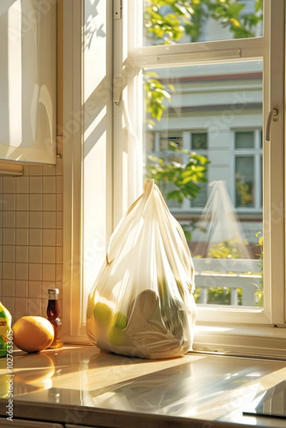 Obraz A bag of groceries sits by a sunlit kitchen window, showcasing a cozy home environment.