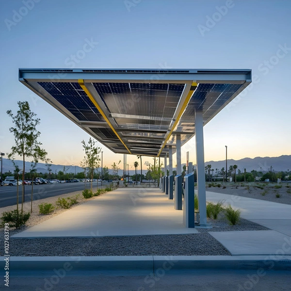 Obraz A modern solar-powered charging station with sleek design and surrounding greenery.