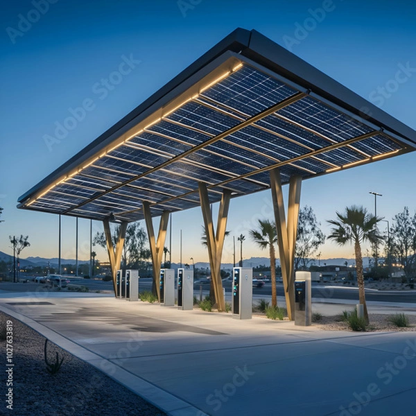 Obraz Modern solar-powered charging station with sleek design and multiple charging points.