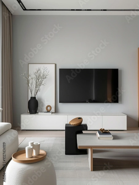 Fototapeta A modern living room featuring sleek television mounted on light gray wall, complemented by minimalist furniture and decorative elements. space exudes calm and stylish atmosphere