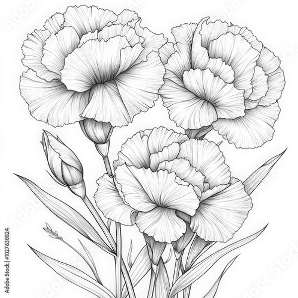 Fototapeta Carnation ink and pencil line drawing, isolated on white background