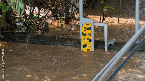Fototapeta Flooded area with measuring scale, nature impact