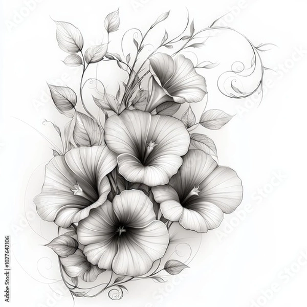 Fototapeta Morning glory ink and pencil line drawing flower, isolated on white background