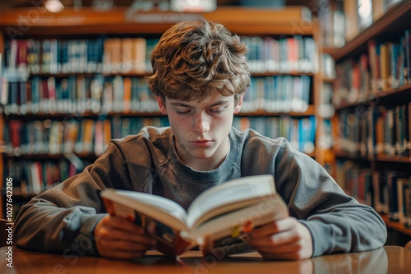 Fototapeta Caucasian Male Student Reading Book in University Library