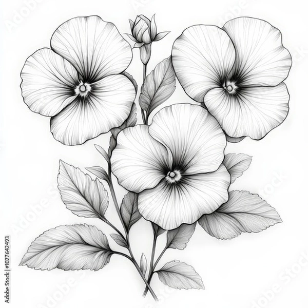 Fototapeta Pansy ink and pencil line drawing flower, isolated on white background