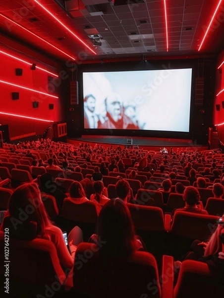 Fototapeta A crowd of movie-goers relaxes in plush seats while enjoying a captivating film on a large screen in a uniquely lit theater. Generative AI