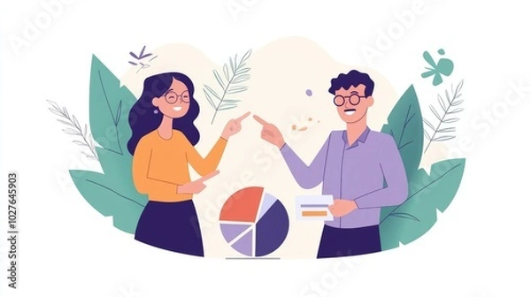 Obraz A man and a woman pointing at a pie chart, discussing business development trends in a clean and minimalist flat vector illustration.