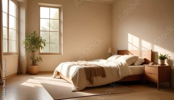 Fototapeta Bright and spacious sunny bedroom, filled with natural light, creating a warm and inviting atmosphere for relaxation and comfort