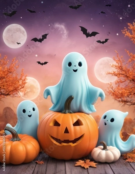 Fototapeta A soft Halloween background in pastel tones with charmingly cute ghosts, decorative pumpkins, and fun-loving bats, making for a delightful and lighthearted Halloween setting