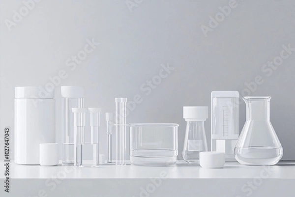 Fototapeta Laboratory Glassware: Beaker, Flask, and Test Tubes on White Table