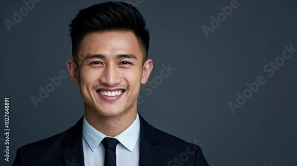 Fototapeta A joyful professional Asian man with an ethnic background exudes confidence and positivity