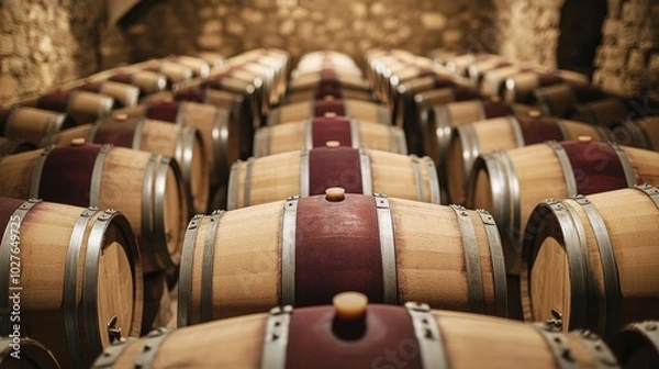 Fototapeta Aged Oak Barrels Stacked in Rustic Cellar