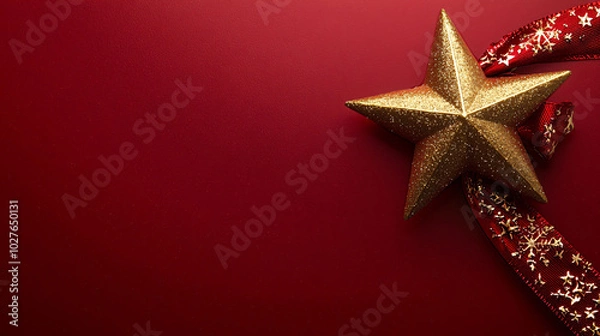 Fototapeta festive golden star ornament rests on rich red background, evoking warmth and joy of holiday season. Perfect for Christmas decorations and celebrations