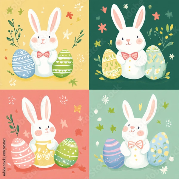 Fototapeta Cute bunnies with colorful Easter eggs in cheerful, festive design. image features four panels, each showcasing bunny with decorated eggs, perfect for spring celebrations