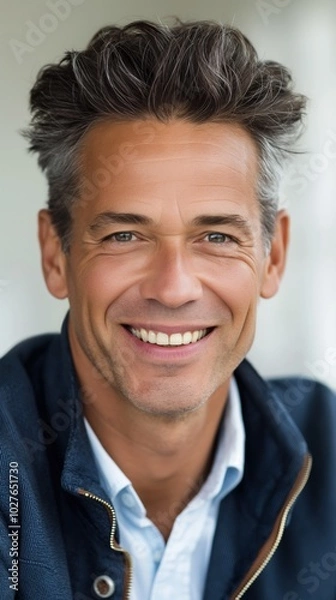 Fototapeta A cheerful man expresses warmth and confidence in a casual atmosphere