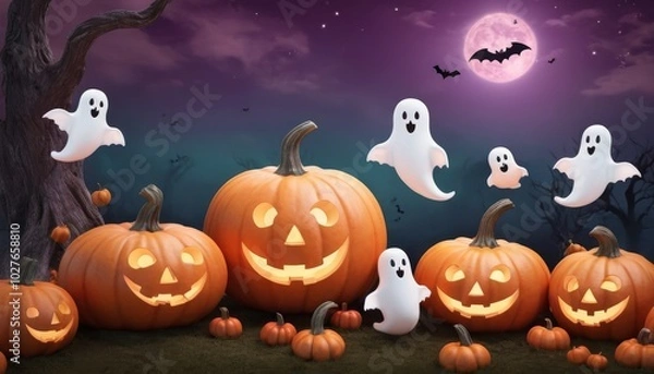 Fototapeta A playful Halloween background in soft pastel colors, featuring cute friendly ghosts, whimsical pumpkins, and adorable bats in a lighthearted arrangement, perfect for a charming Halloween design